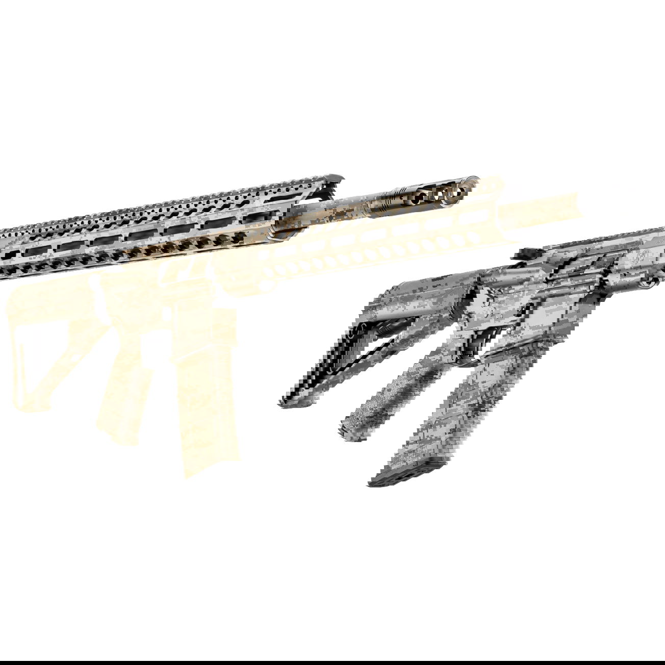 Airsoft-Gewehr in Desert-Camouflage, modernem Design mit taktischer Schiene und verstellbarem Schaft.