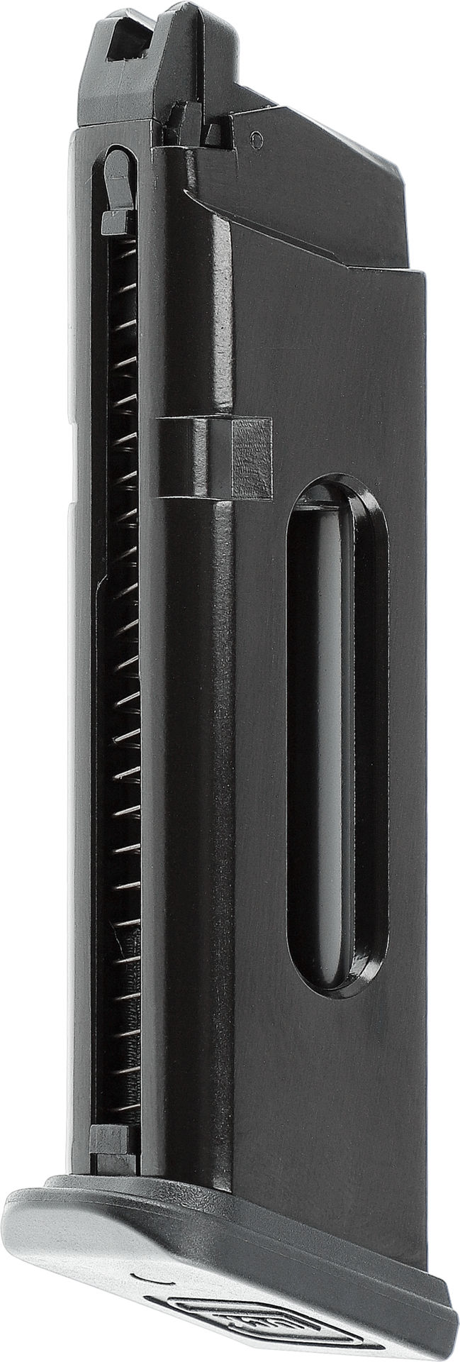 Schwarzes Airsoft-Magazin für Pistole, mit sichtbarer Feder seitlich, kompakte Bauweise.