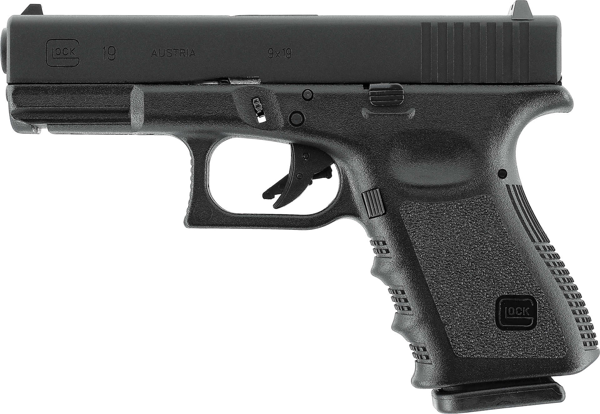 VFC GLOCK 19 black 6mm GBB - ab 18 Jahren Schwarze Airsoft-Pistole, kompakte Bauweise, seitliche Ansicht.