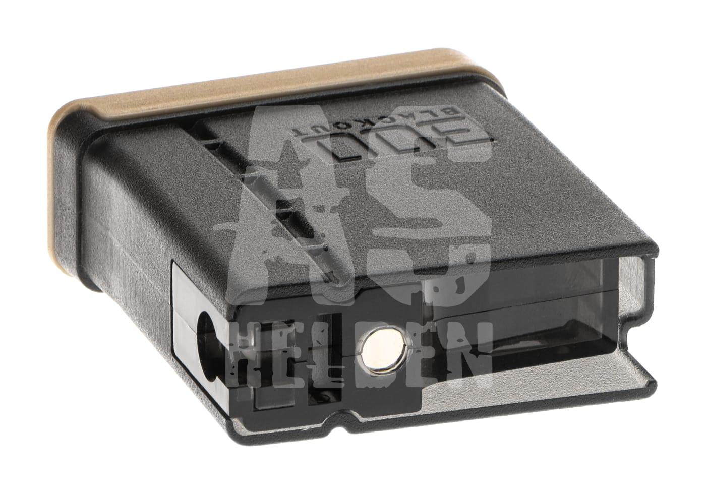 Airsoft Blackout 300 Magazin, schwarz mit braunem Einsatz, im Detail gezeigt.