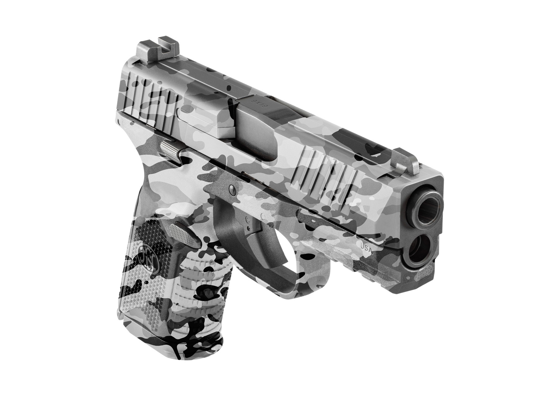 Airsoft-Pistole in schwarzer, grauer und weißer Tarnung, seitliche Ansicht.