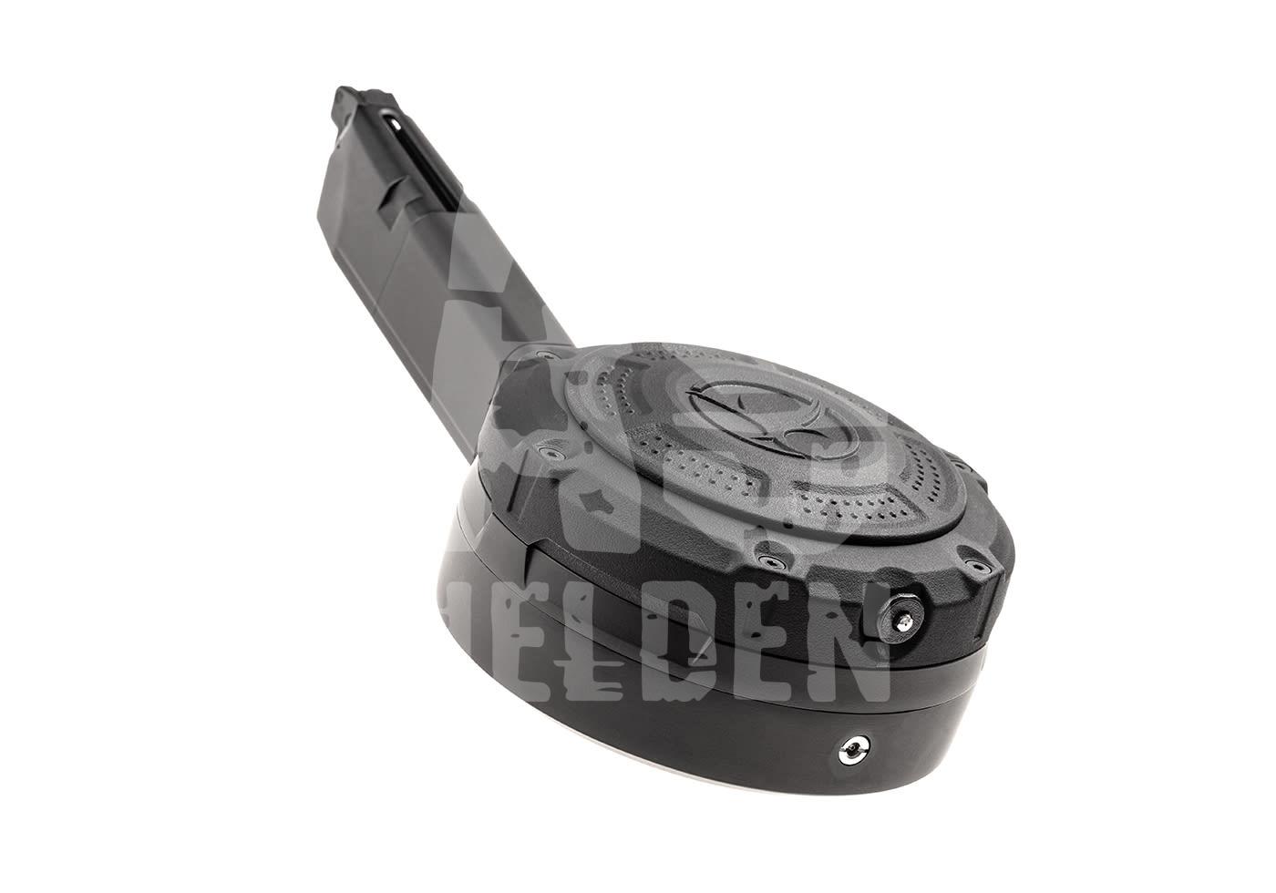 Schwarzes Airsoft-Drum-Magazin mit Langem Körper, seitliche Schrauben.