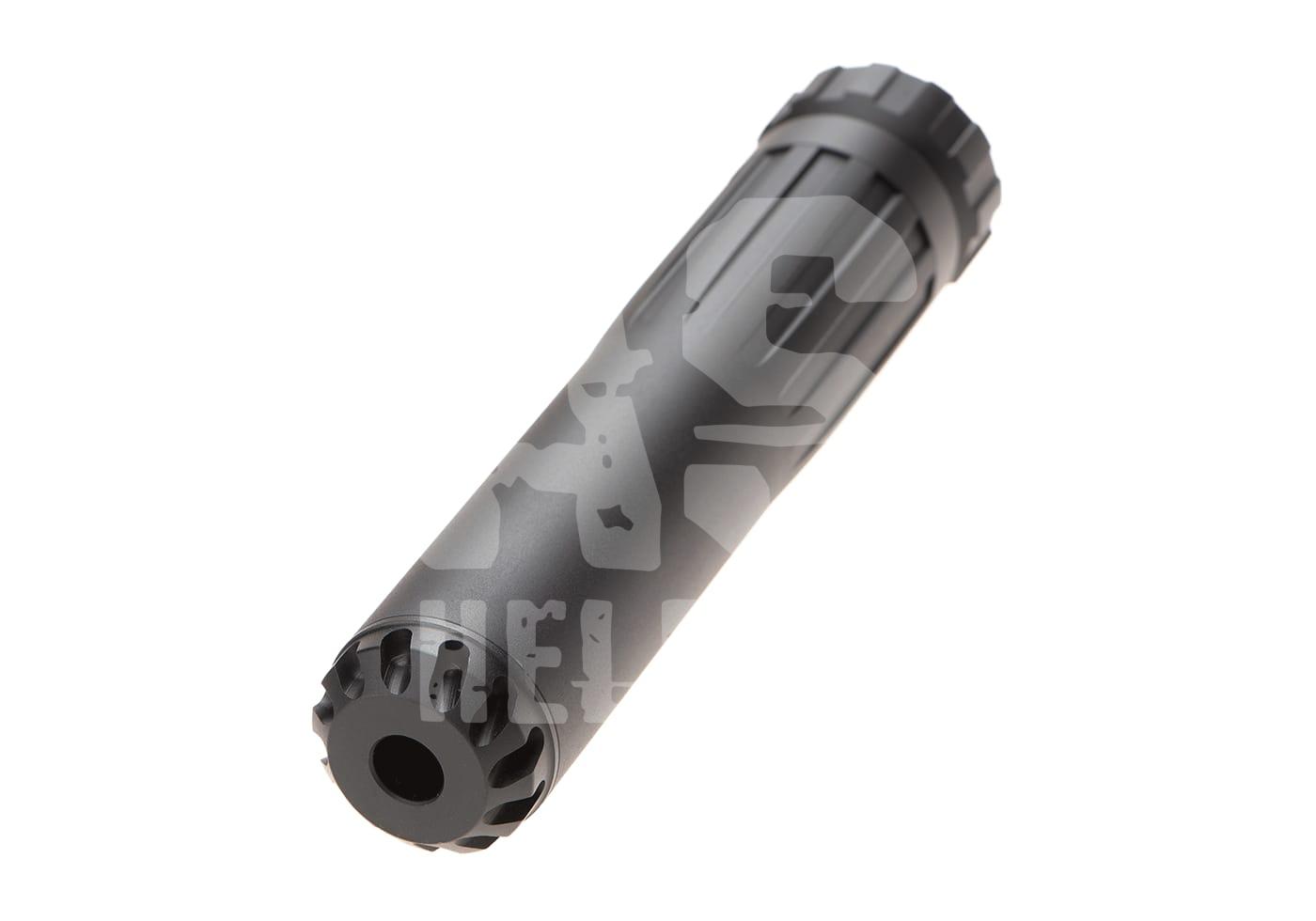 Schwarzer Airsoft-Schalldämpfer mit geriffeltem Design.