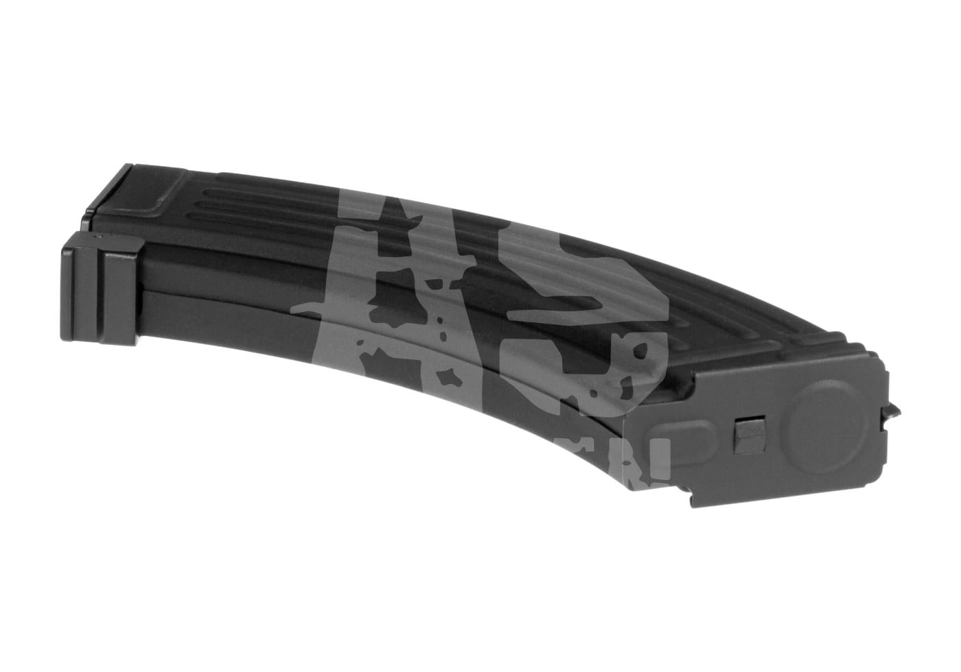 Schwarzes Airsoft-Magazin, gebogenes Design, seitlich liegend.