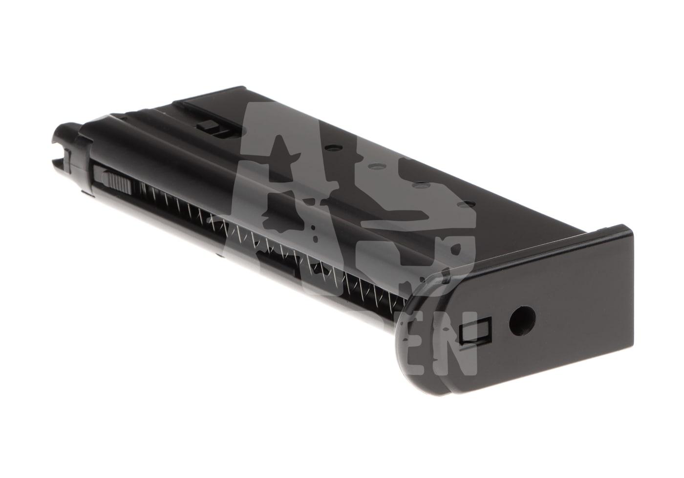 Schwarzes Airsoft-Magazin aus Metall, seitlich dargestellt für kompatible Airsoft-Pistolen.