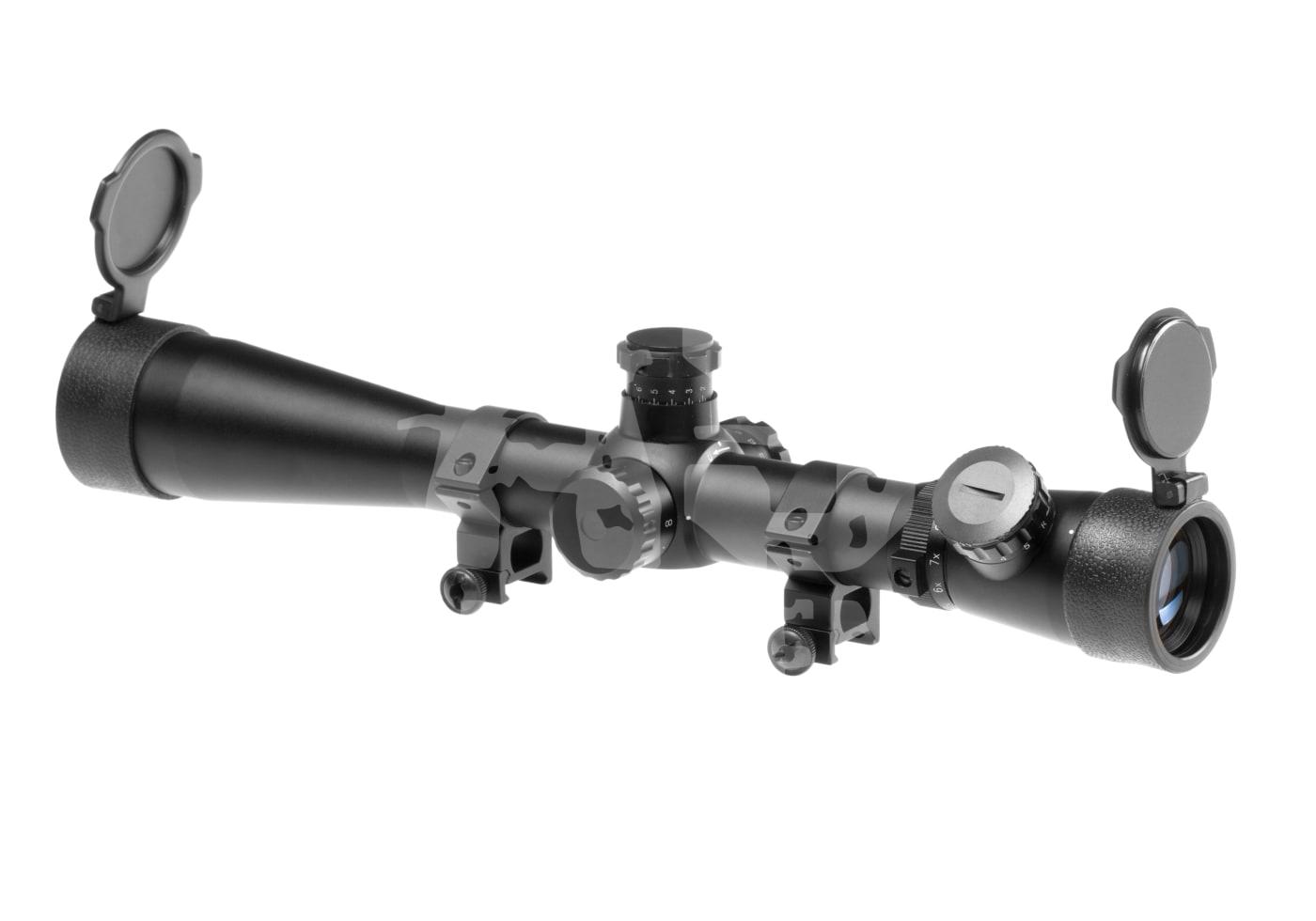 Zielfernrohr mit geöffneten Schutzkappen, verstellbarem Turm und Montageringen, schwarz. Ideal für Airsoft-Optiken.