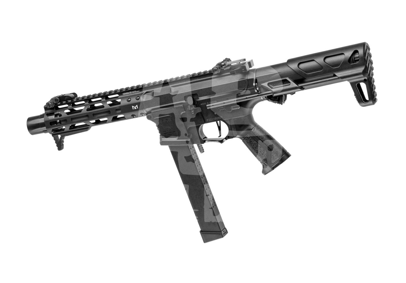 Airsoft-Pistole mit M-Lok-Handschutz, schwarzem Gehäuse und taktischem Design, seitlich abgebildet.