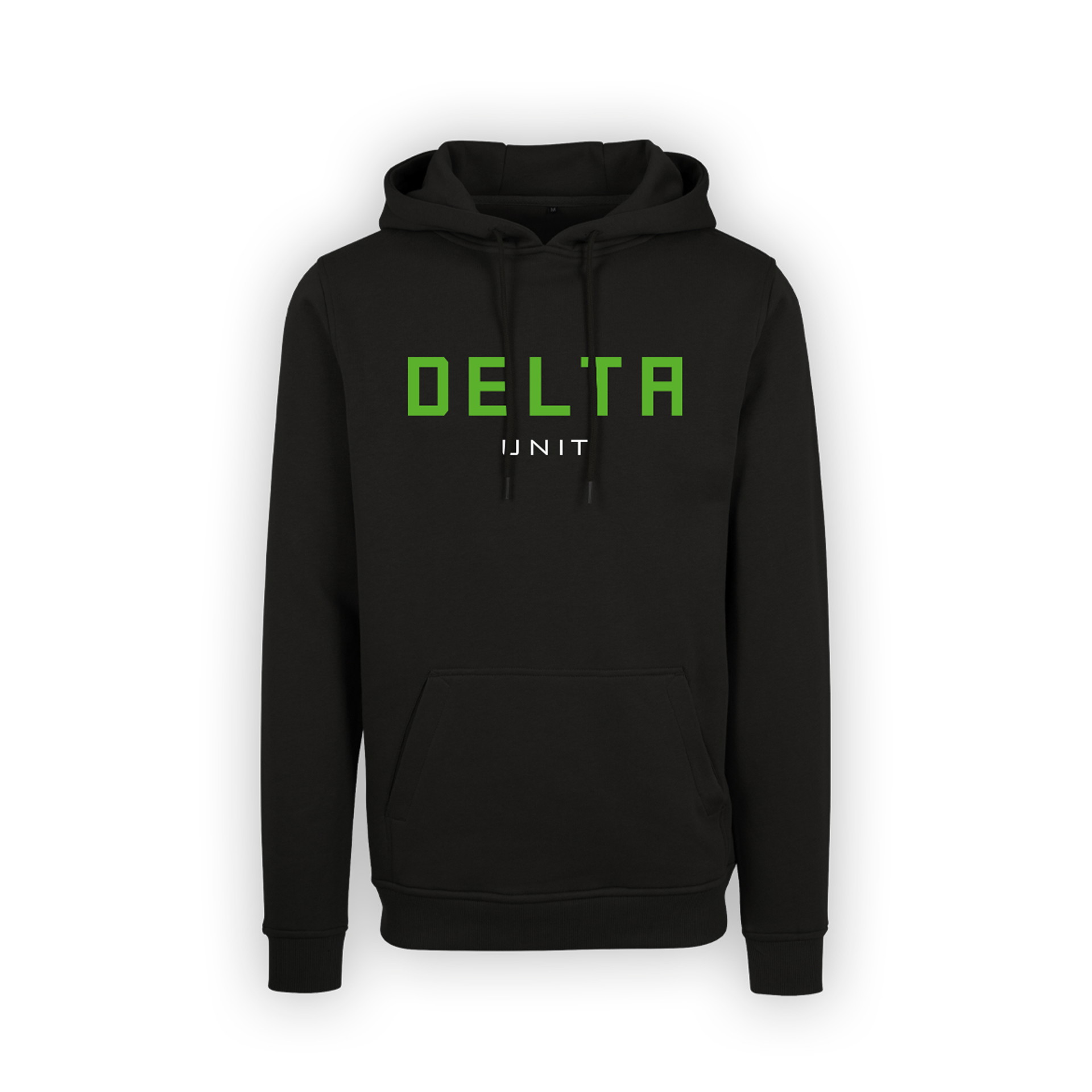 Schwarzer Hoodie mit grünem "DELTA UNIT"-Schriftzug, ideal für Airsoft-Teams.