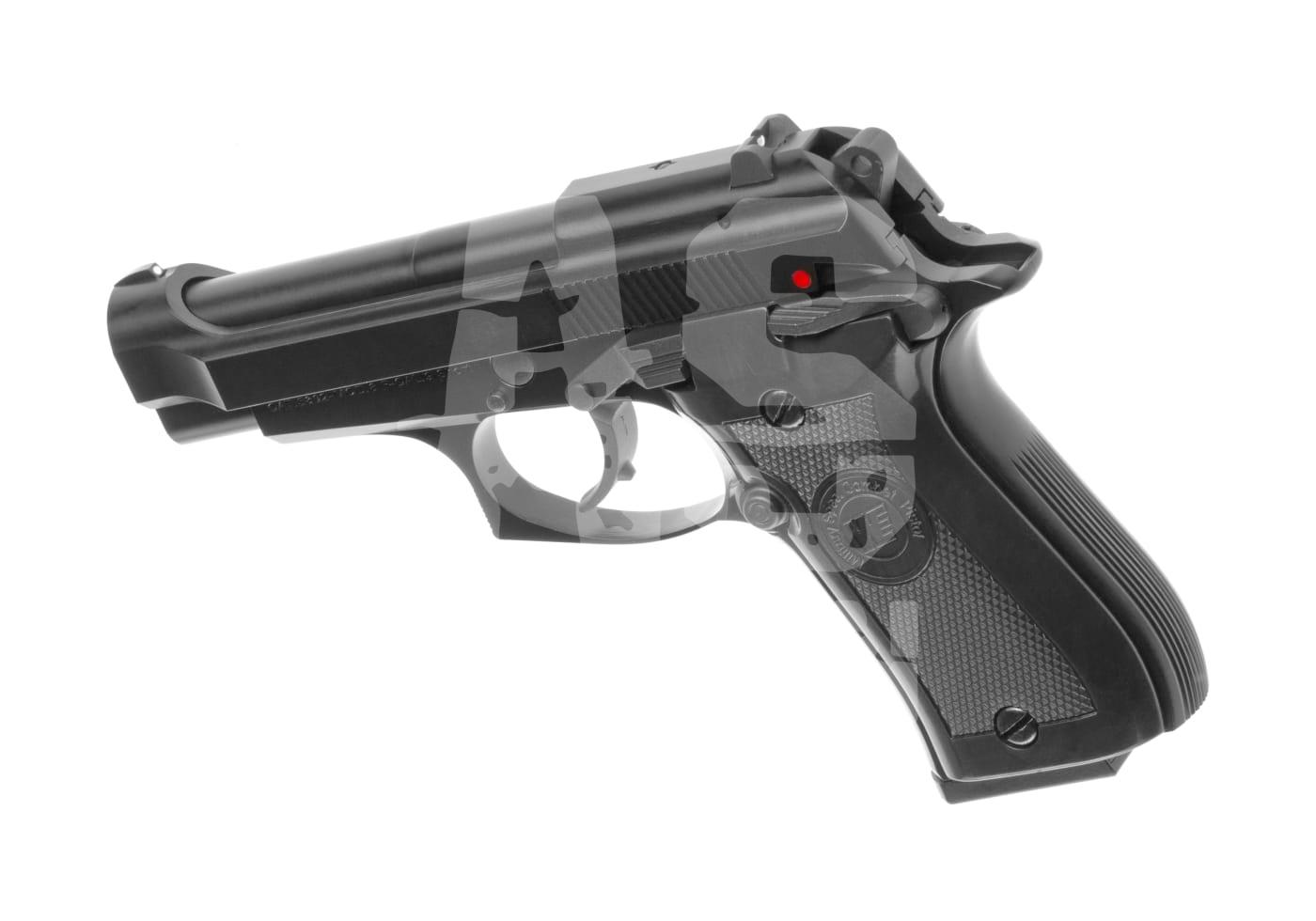 Schwarze Airsoft-Pistole, seitlich dargestellt, mit strukturiertem Griff und rotem Sicherheitsindikator.