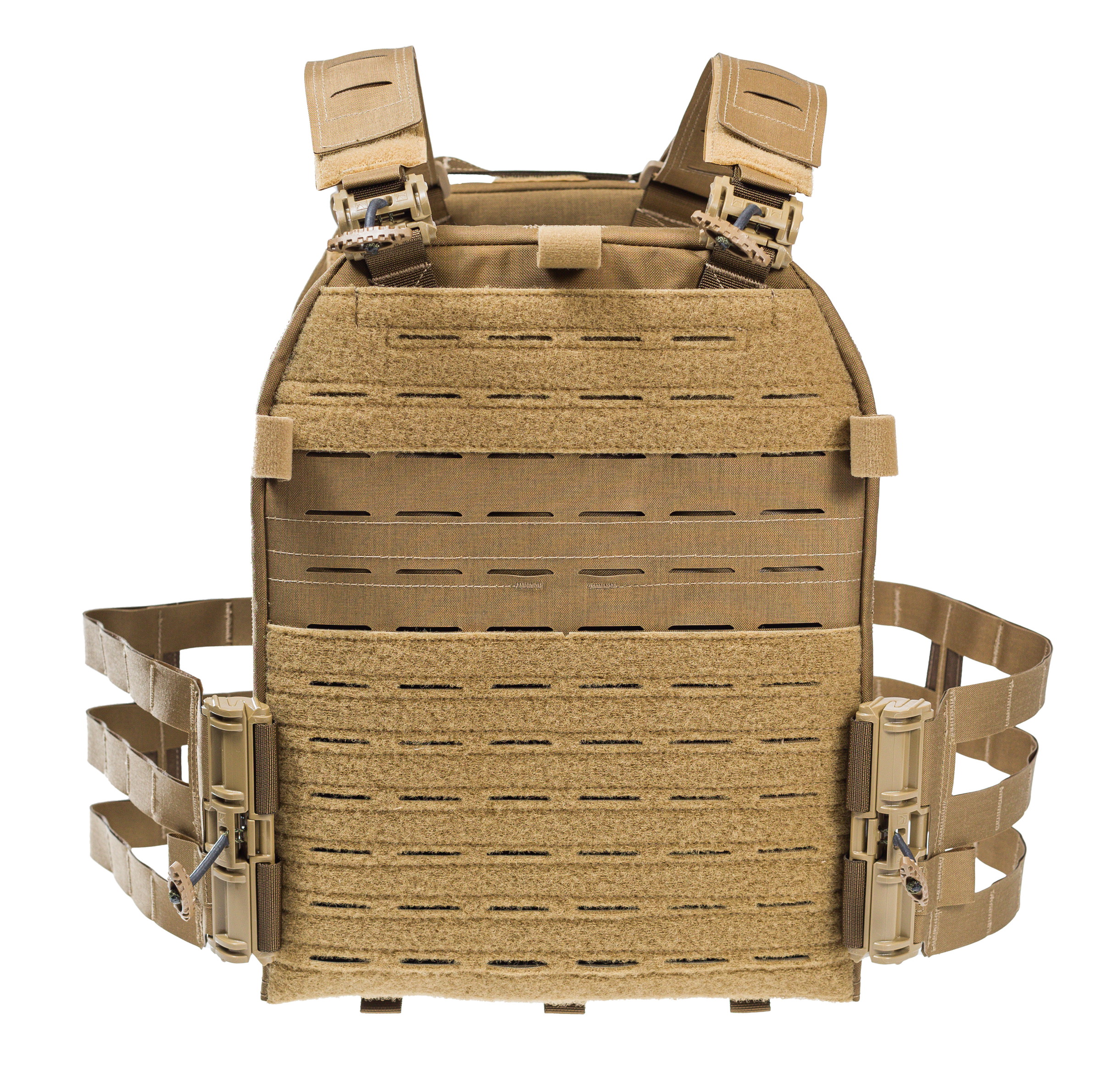 Taktische, beige Plate-Carrier-Weste mit Klettflächen und MOLLE-Schlaufen für Airsoft-Zubehör.