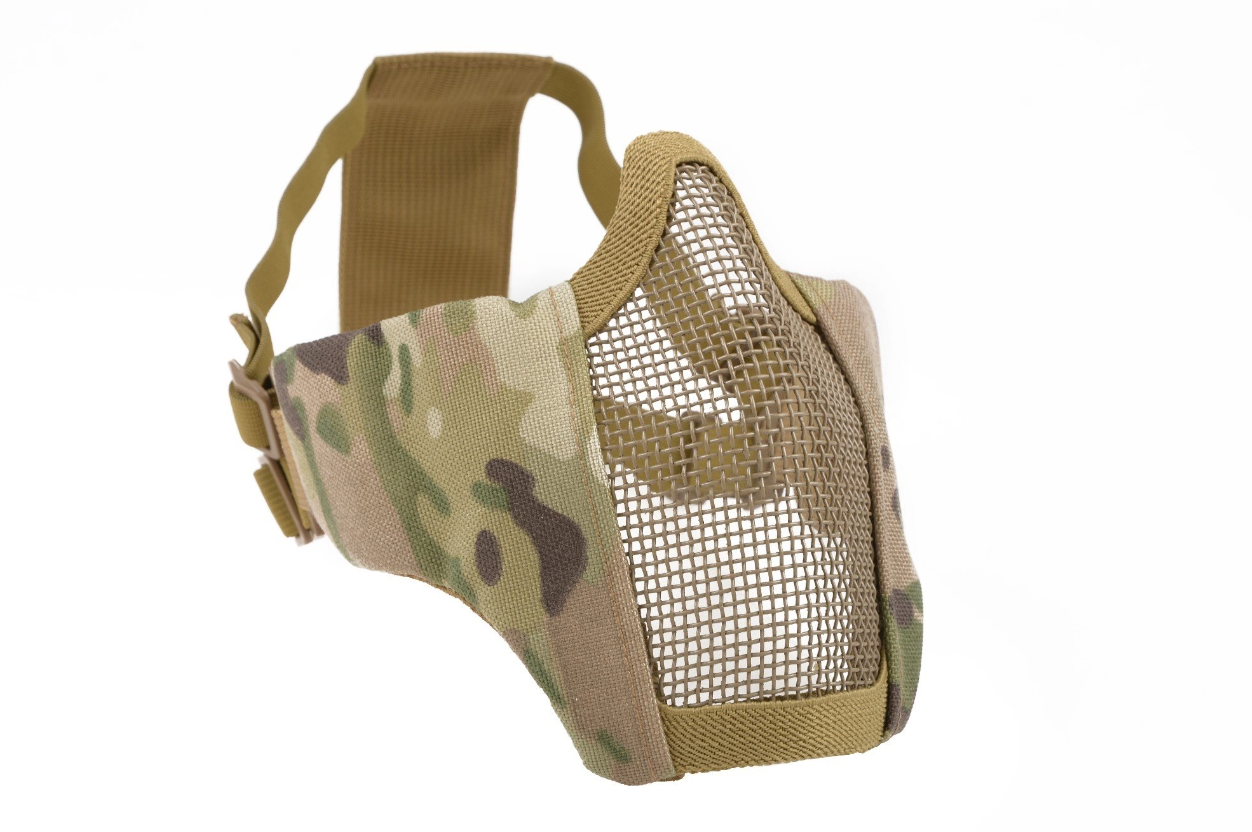 Taktische Airsoft-Maske mit Tarnmuster und Metallgitter für Gesichtsschutz, verstellbares Band hinten.