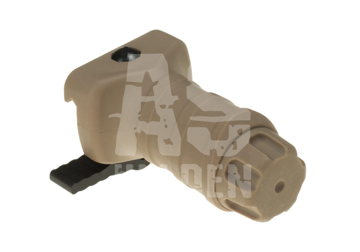 Tanfarbener M900A taktischer Frontgriff für Airsoftwaffen mit integriertem Schalter, Ansicht von schräg oben.