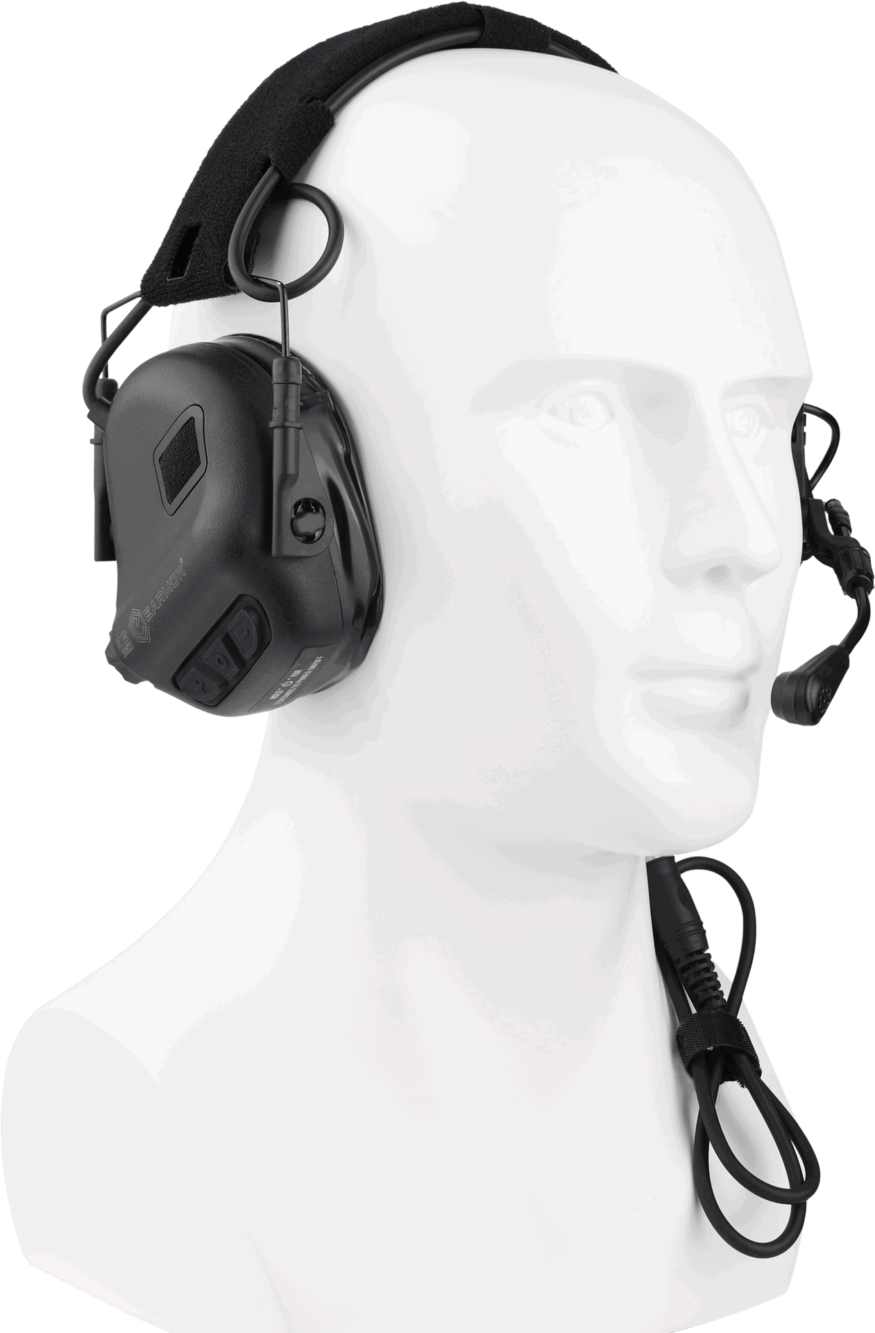 Earmor™ M32 Plus Headset Schwarzes Airsoft-Headset mit Mikrofon auf weißem Modellkopf.