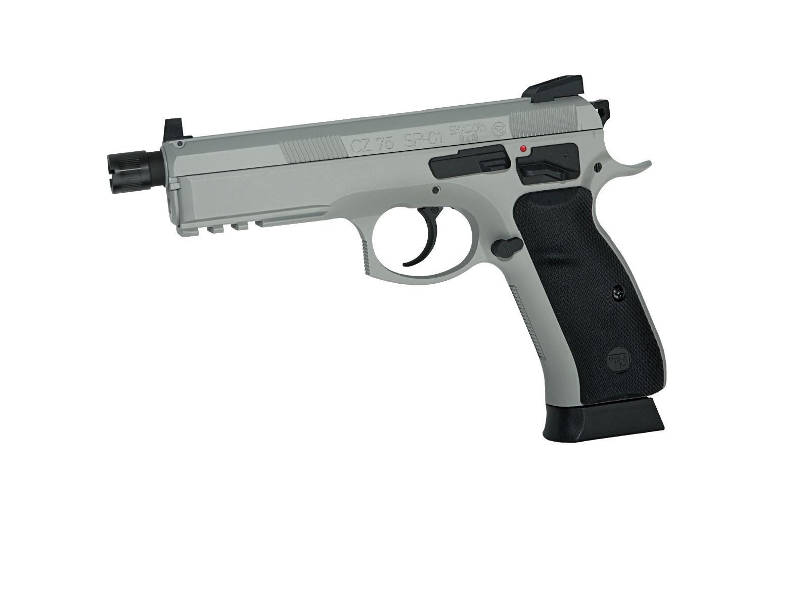 Airsoft-Pistole CZ 75 SP-01 Shadow, grau, mit schwarzem Griffstück und Montageschiene.