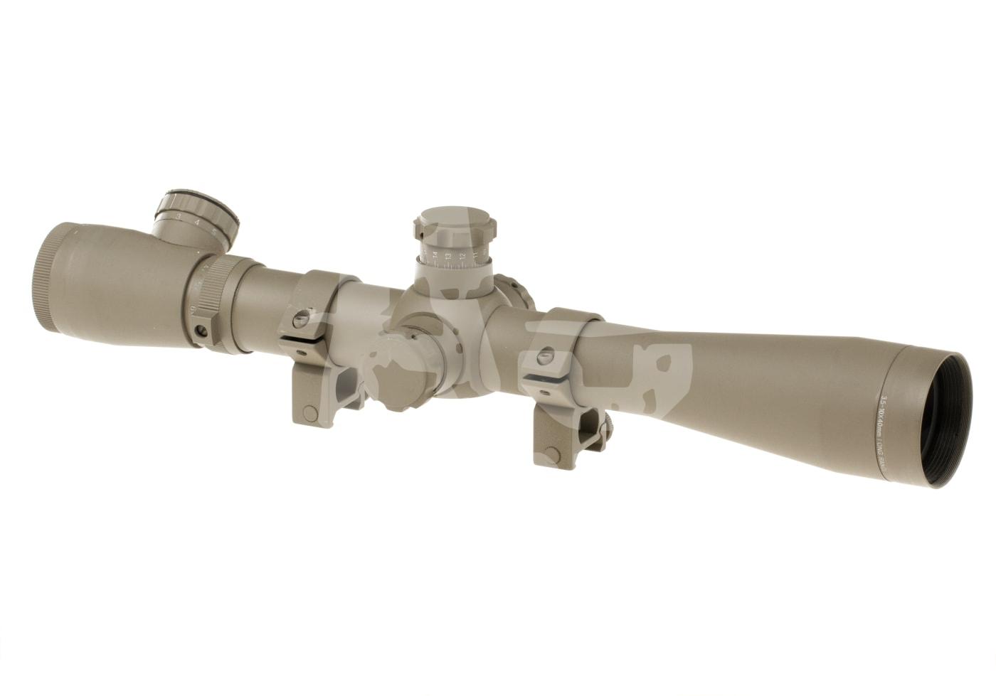 Tarnfarbenes Zielfernrohr für Airsoft, mit Verstellknöpfen und Montageringen.
