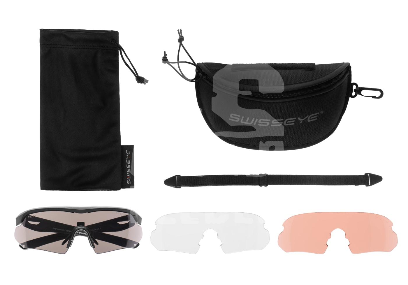 SWISS EYE® NIGHTHAWK PRO SCHWARZ Schutzbrille-Set mit Etui, Tasche, verstellbarem Band und drei Wechselgläsern für Airsoft.