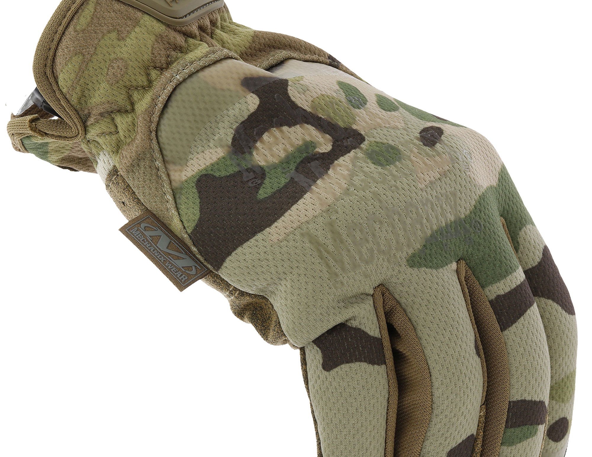 Tarnfarbener Mechanix-Handschuh, ideal für Airsoft, mit verstärkter Polsterung und robustem Material.