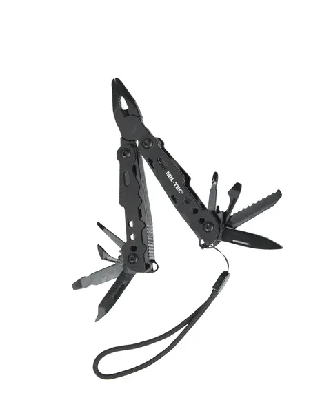 Schwarzes Multi-Tool mit Zange, Messern und weiteren Werkzeugen, ideal für Airsoft-Einsätze.