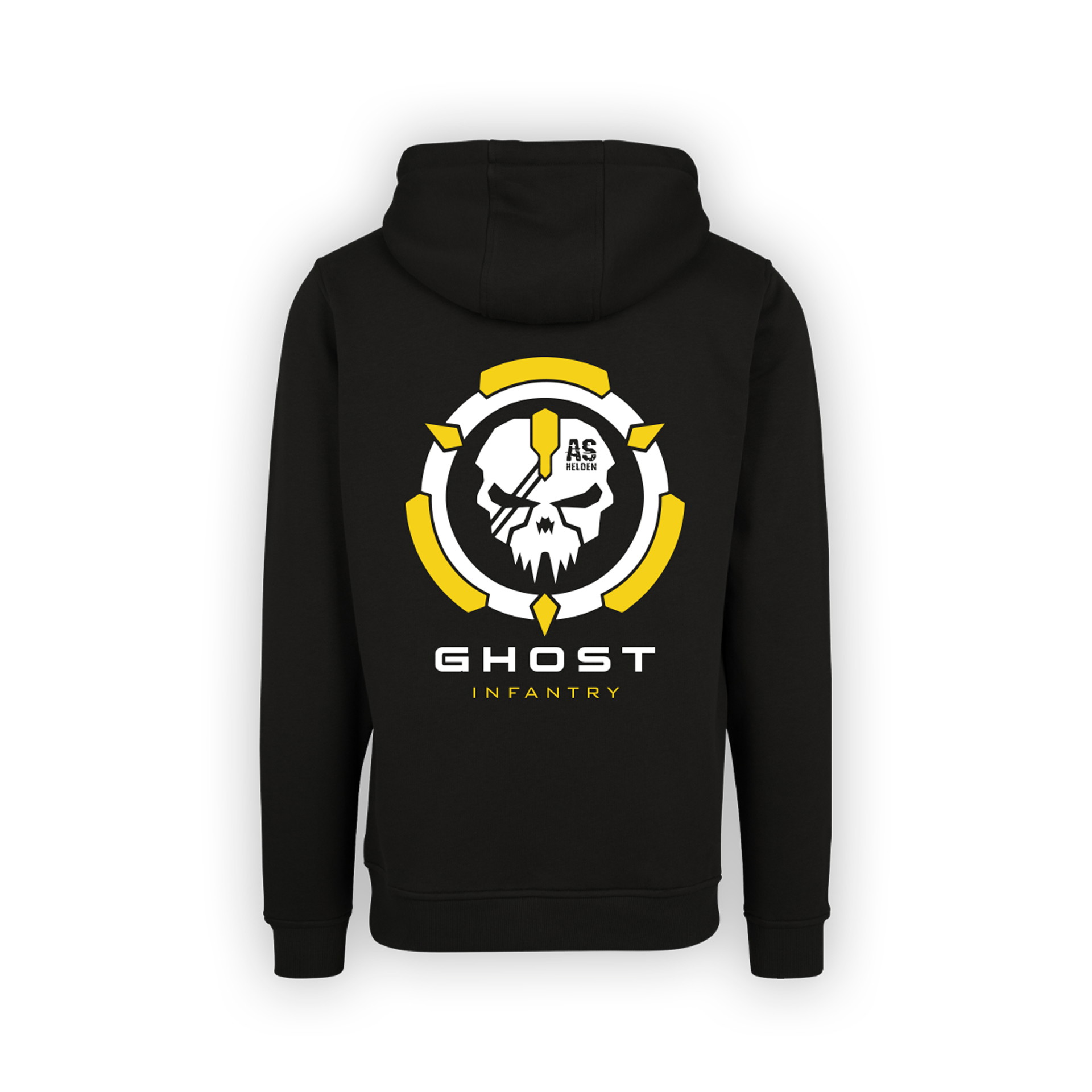 Schwarzer Hoodie mit "Ghost Infantry"-Logo auf dem Rücken in Gelb und Weiß, darunter "AS Helden".