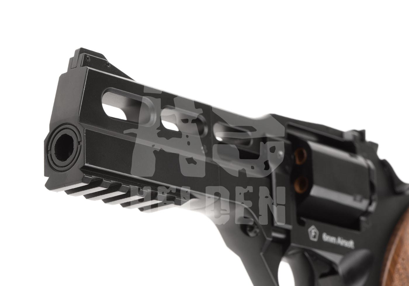 Rhino 50DS Co2 Revolver - ab 18 Jahren Nahaufnahme eines schwarzen Airsoft-Revolvers mit Lüftungsschlitzen und Holzgriff.