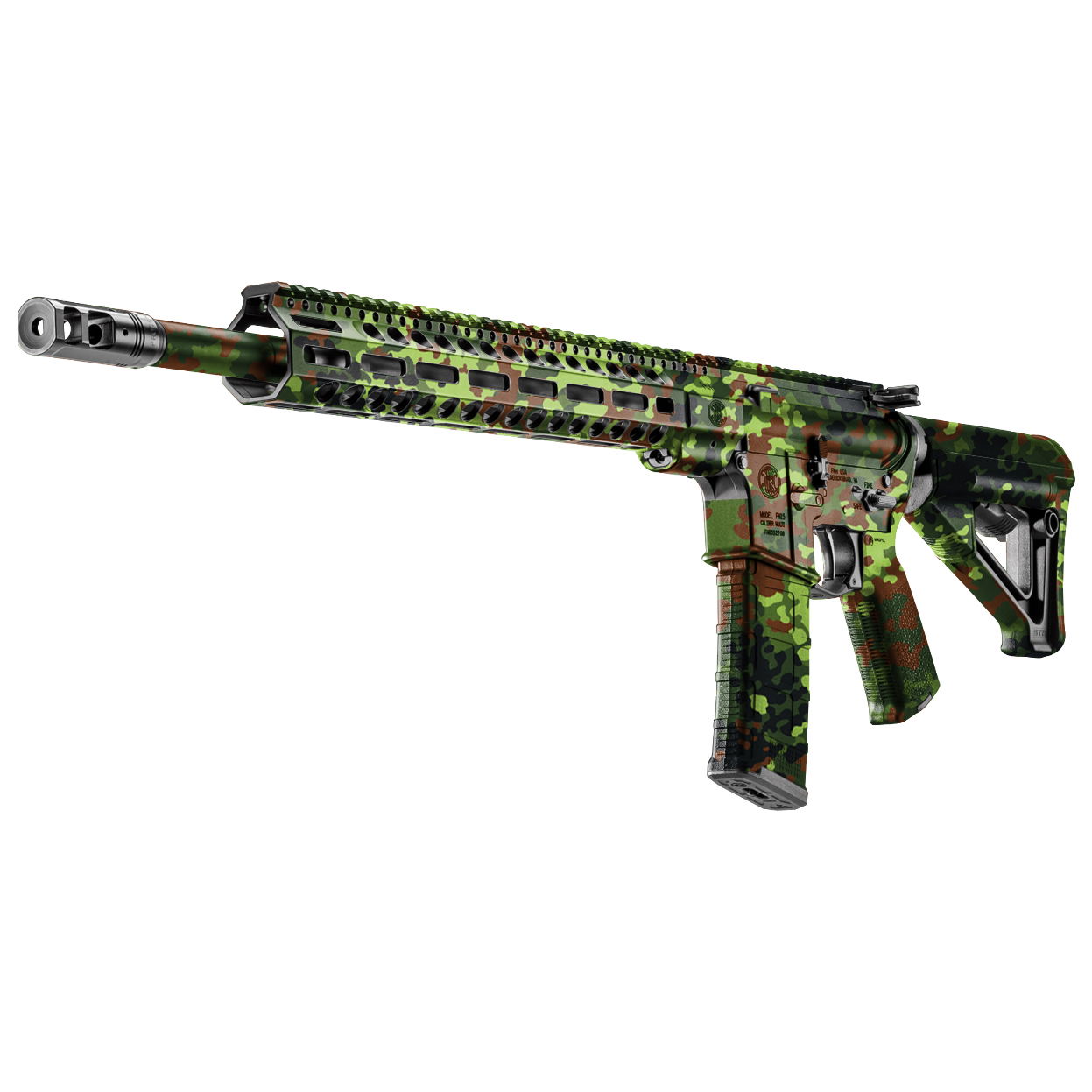 GunsWrap AR15 / M4 Rifle Skins Airsoft-Gewehr mit grün-braunem Tarnmuster und erweiterter Schiene, seitliche Ansicht.