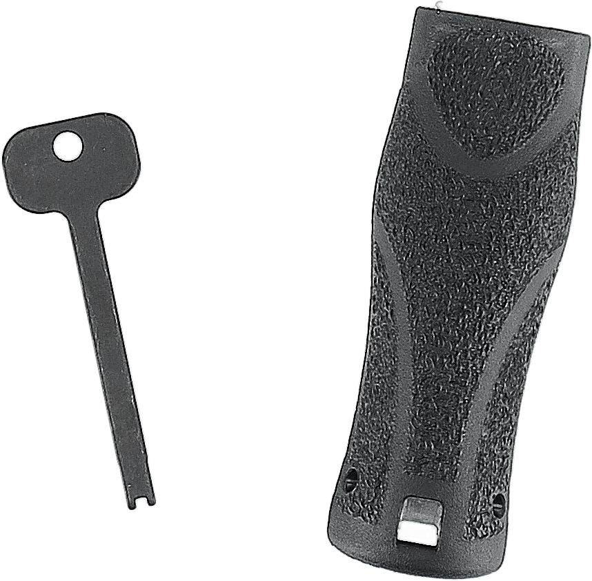 Schraubenschlüssel und strukturiertes Griffstück für Airsoft-Waffe, schwarz, Nahaufnahme.