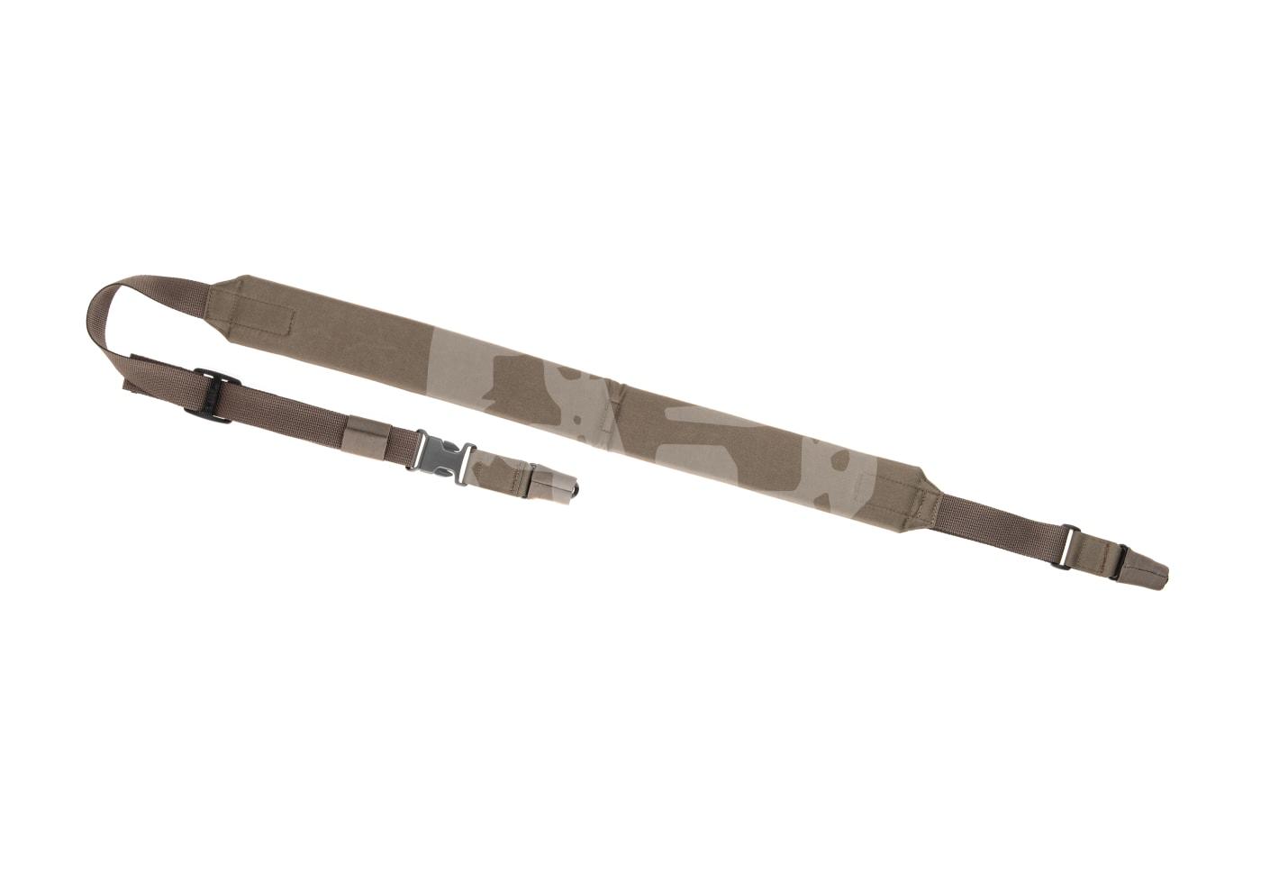 Gepolsterter Gewehrriemen in Camo-Muster mit Metallclip und Anpassungsmöglichkeit für Airsoft-Waffen.