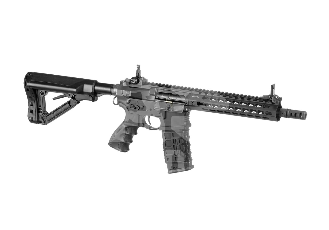 G&G GC16 E.T.U. SRL S-AEG - ab 18 Jahren Airsoft Gewehr mit taktischem Schaft und montierten Visierungen, modernem Design und Mündungsfeuerdämpfer.