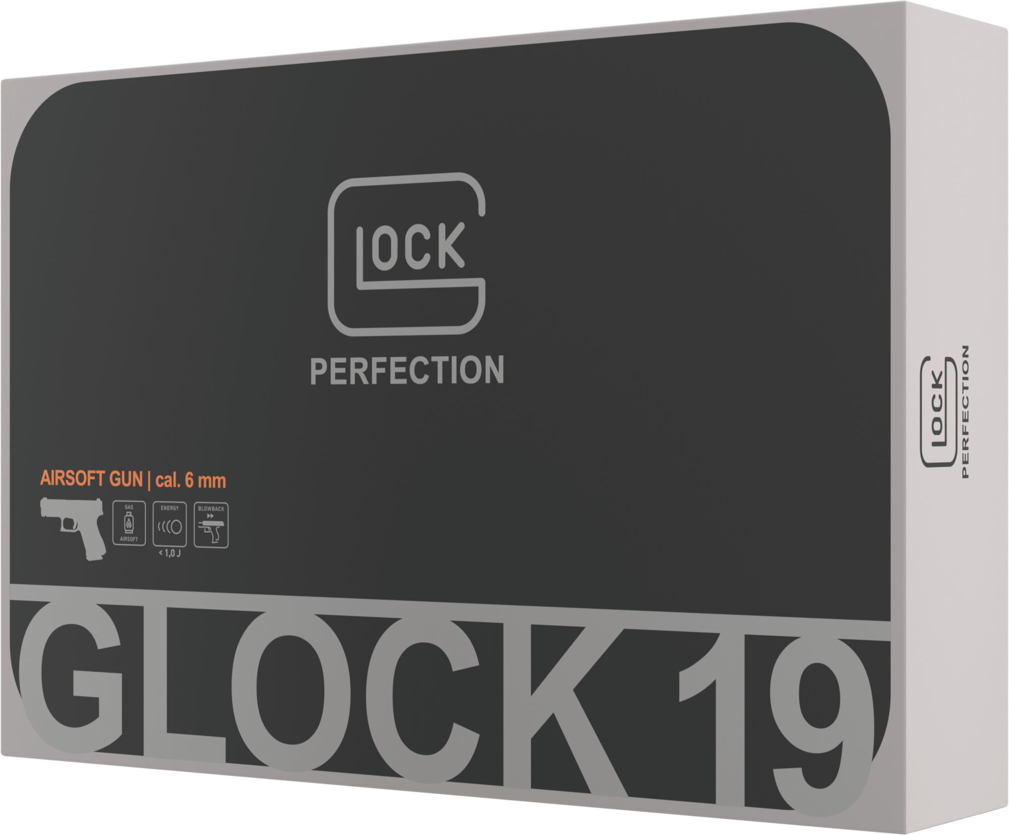 Verpackung der Glock 19 Airsoft-Pistole, Kaliber 6 mm, mit Gas und Blowback-Funktion.