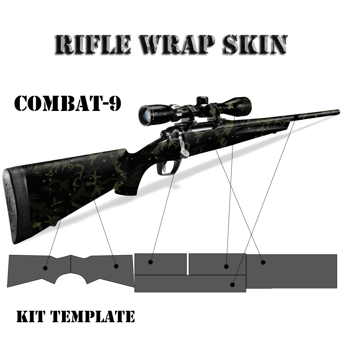 Rifle Wrap Skin für Combat-9, zeigt Gewehr mit Tarnmuster und Kit-Vorlage.