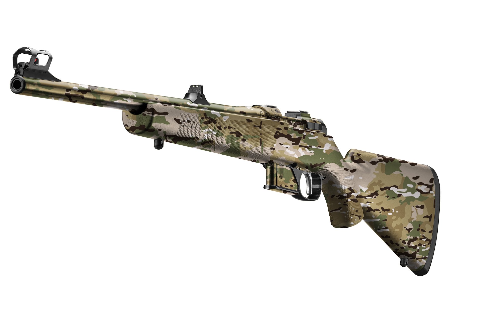 Airsoft-Gewehr mit Camouflage-Design, seitliche Ansicht.