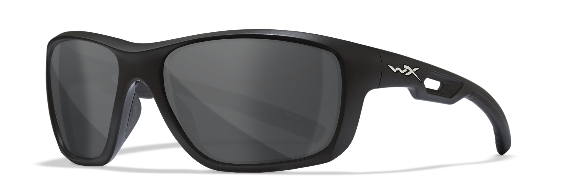 Schwarze Sonnenbrille mit grauen Gläsern und "wx"-Logo am Bügel.
