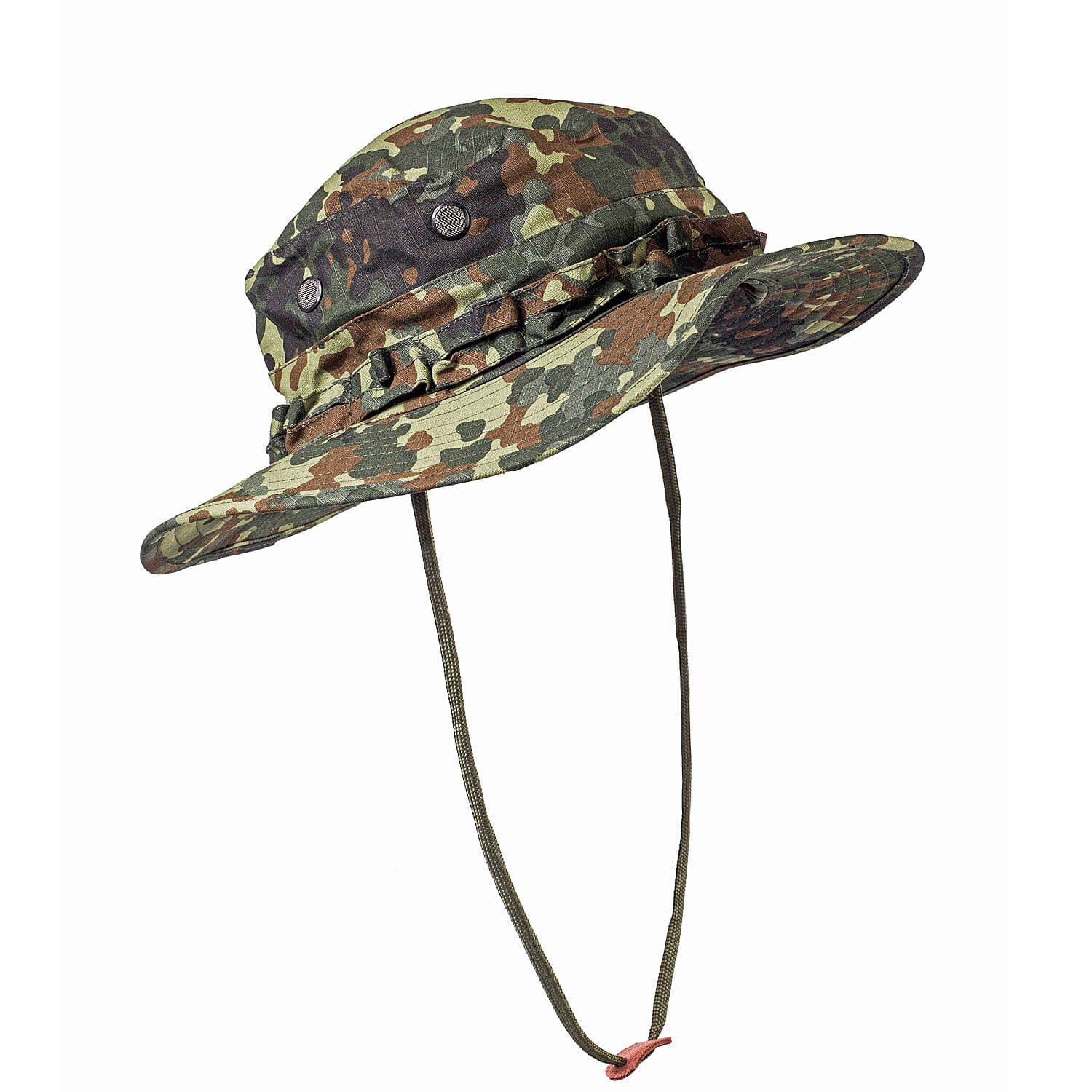 Tarnmuster-Hut mit breiter Krempe und Kinnriemen, Flecktarn-Design.