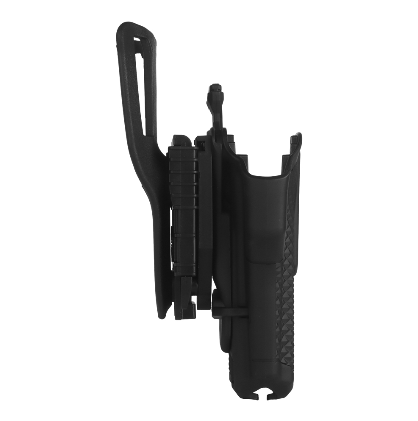 Wosport Universal Holster GB-84 Schwarzes Airsoft-Holster aus Kunststoff, Seitenansicht, taktisches Design.