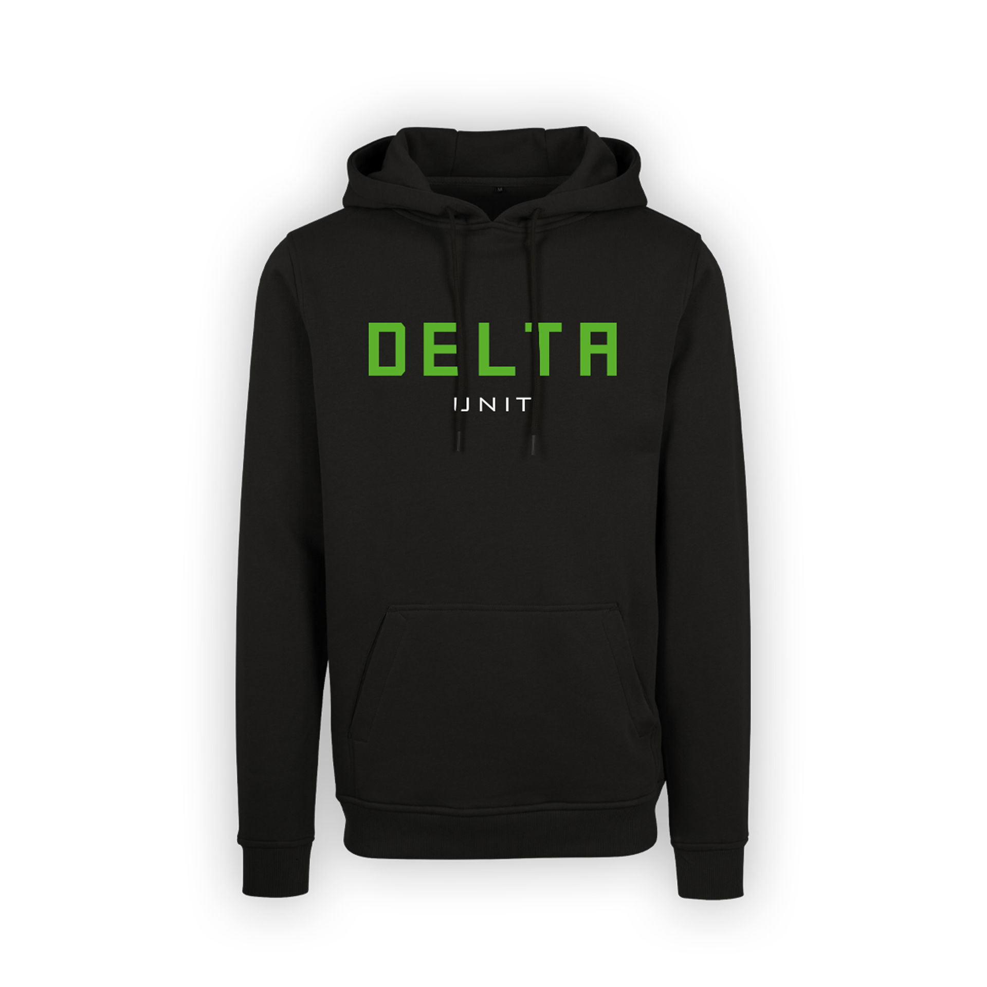 Schwarzer Hoodie mit grünem "DELTA UNIT"-Schriftzug, ideal für Airsoft-Teams.