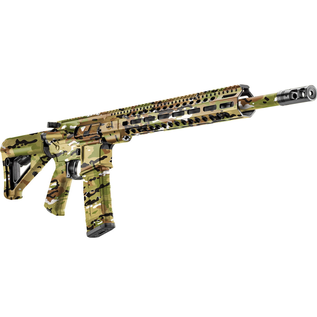 Airsoft-Gewehr mit Camouflage-Muster, moderne Bauweise, langer Lauf, taktisches Design.