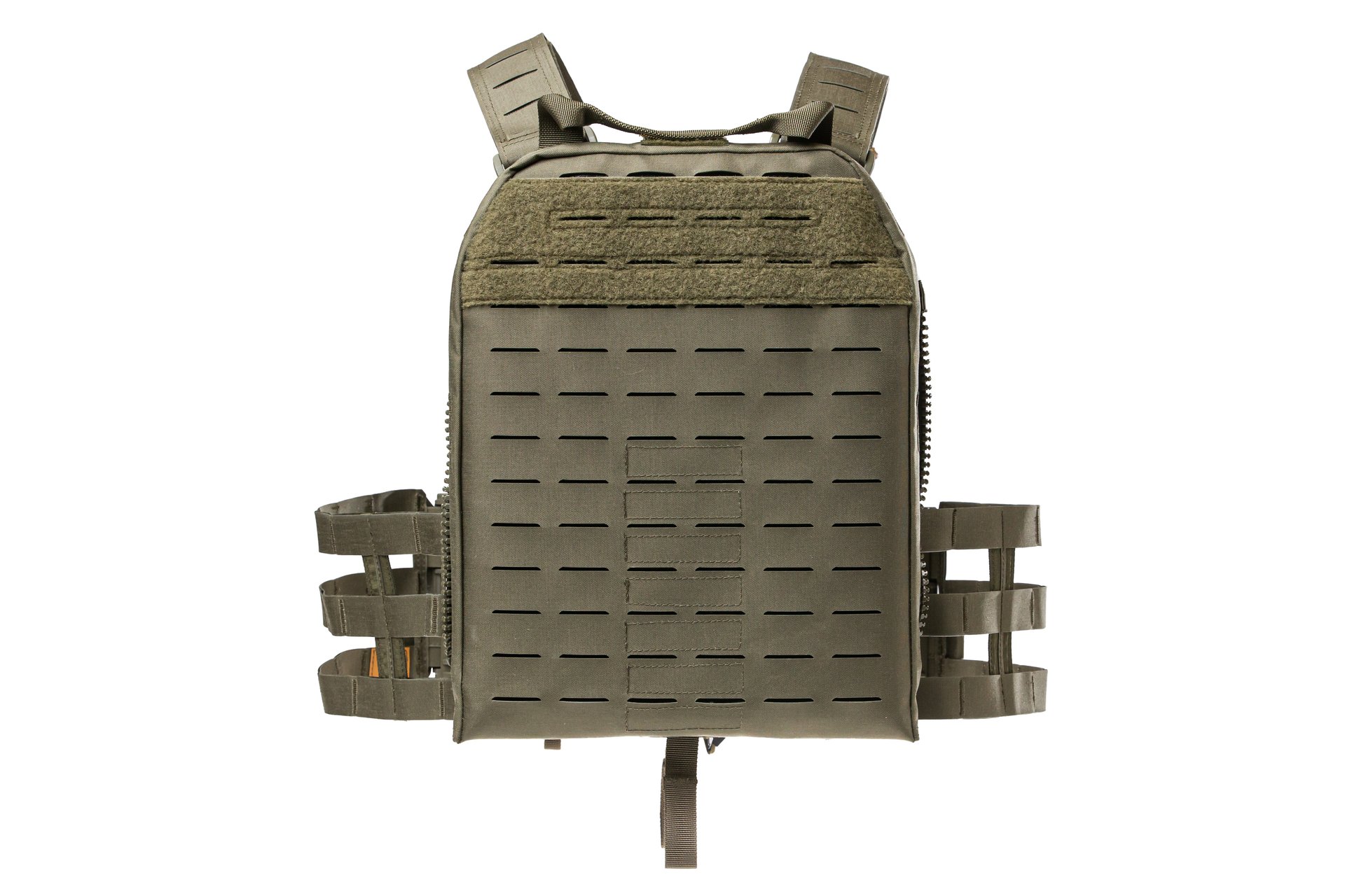 Taktische olivgrüne Airsoft-Weste mit Molle-System und Laser-Cut-Design.