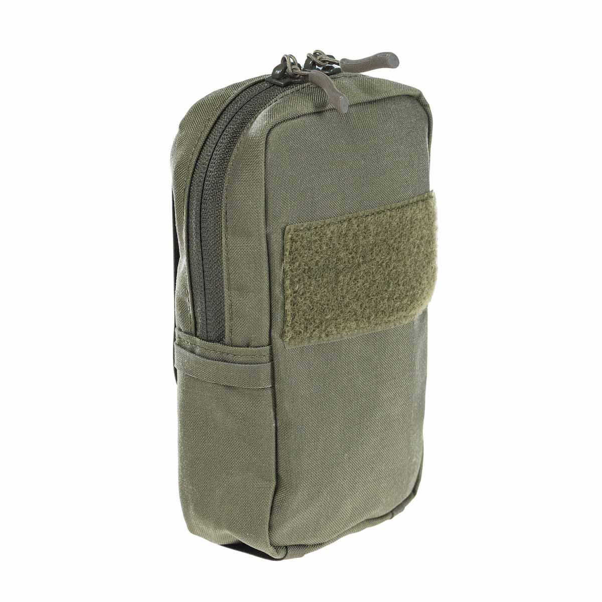 Olivegrüne, taktische Tasche mit Klettfläche und Reißverschluss, ideal für Airsoft-Zubehör.