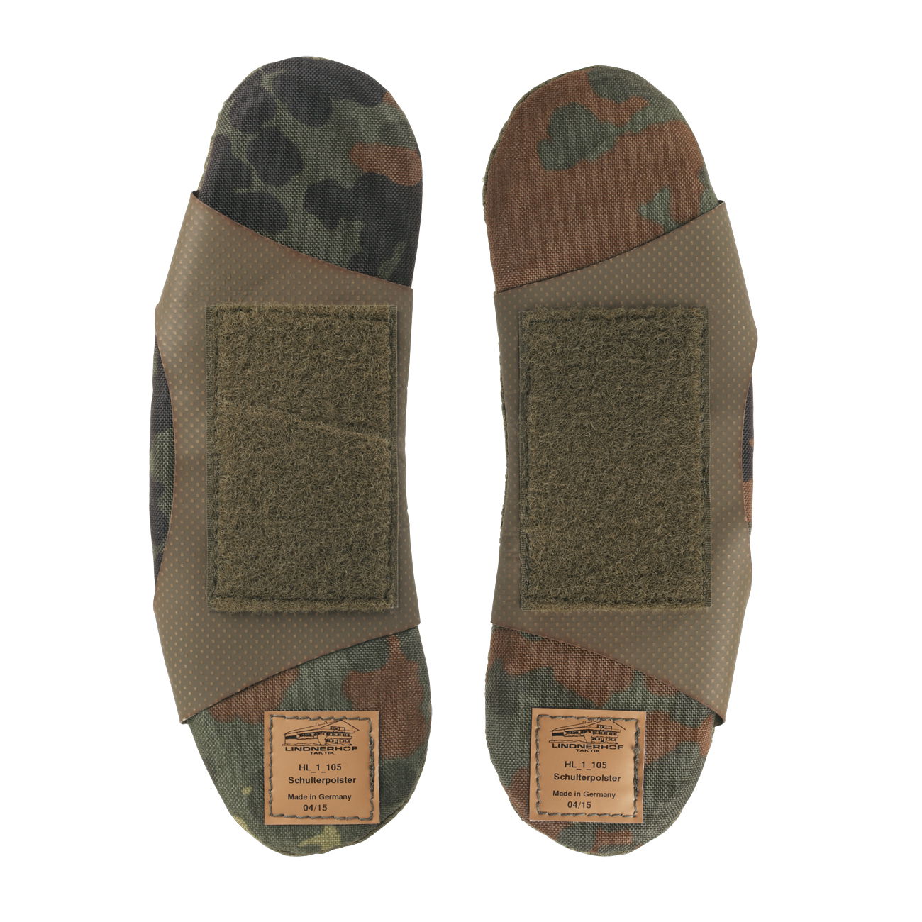 Lindnerhof Polster Schulter HL105 Zwei Tarnmuster-Schulterpolster mit Klettverschluss und Etikett, grün-braune Farbtöne.