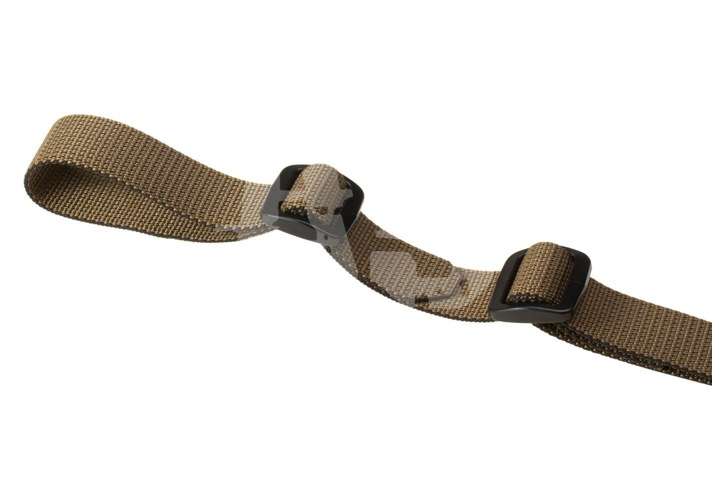 Brauner Nylon-Gurt mit verstellbaren Kunststoffschnallen, geeignet für Airsoft-Ausrüstung.