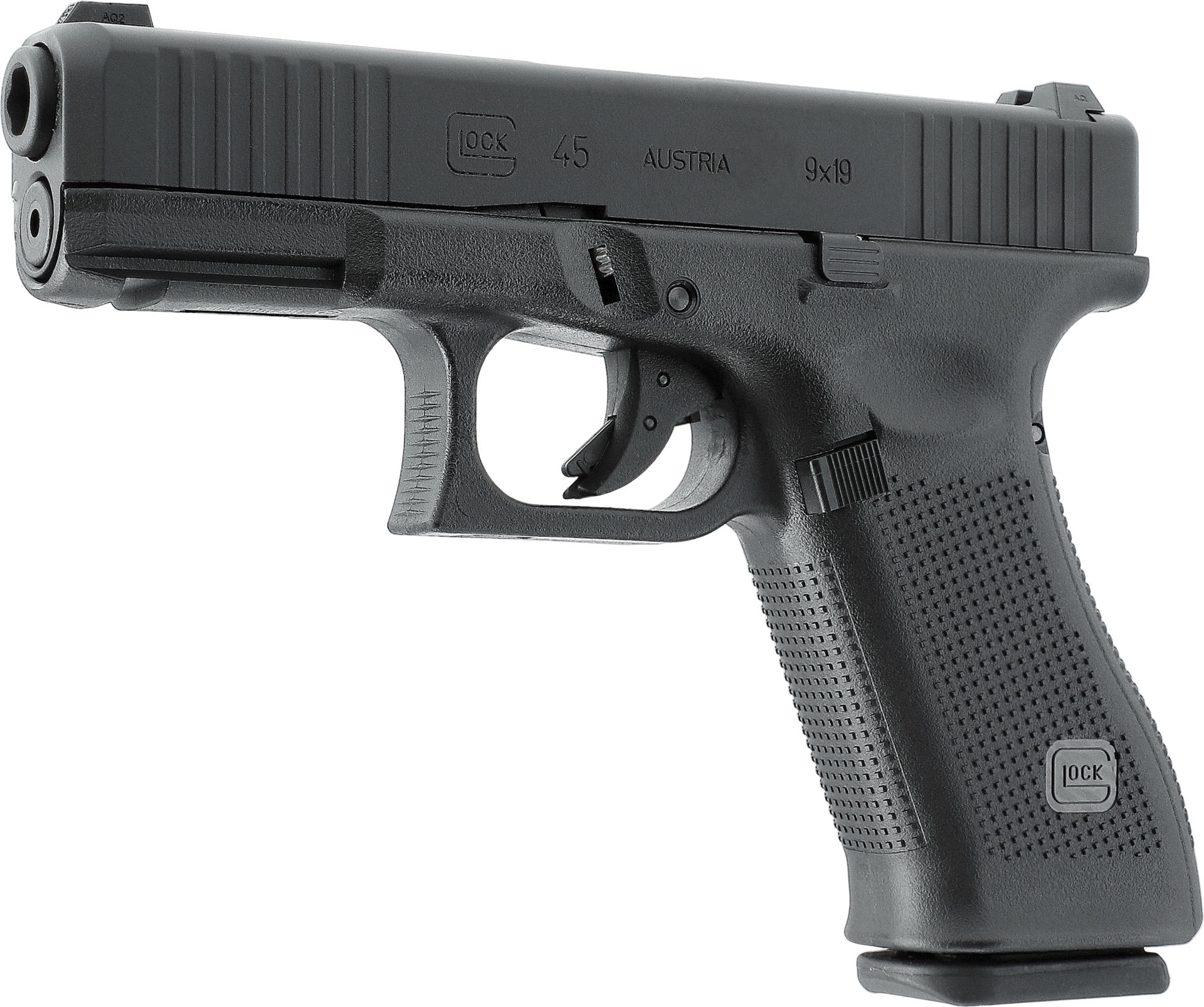 Schwarze Airsoft-Pistole seitlich, Modell G45, mit strukturiertem Griff und schwarzem Schlitten.