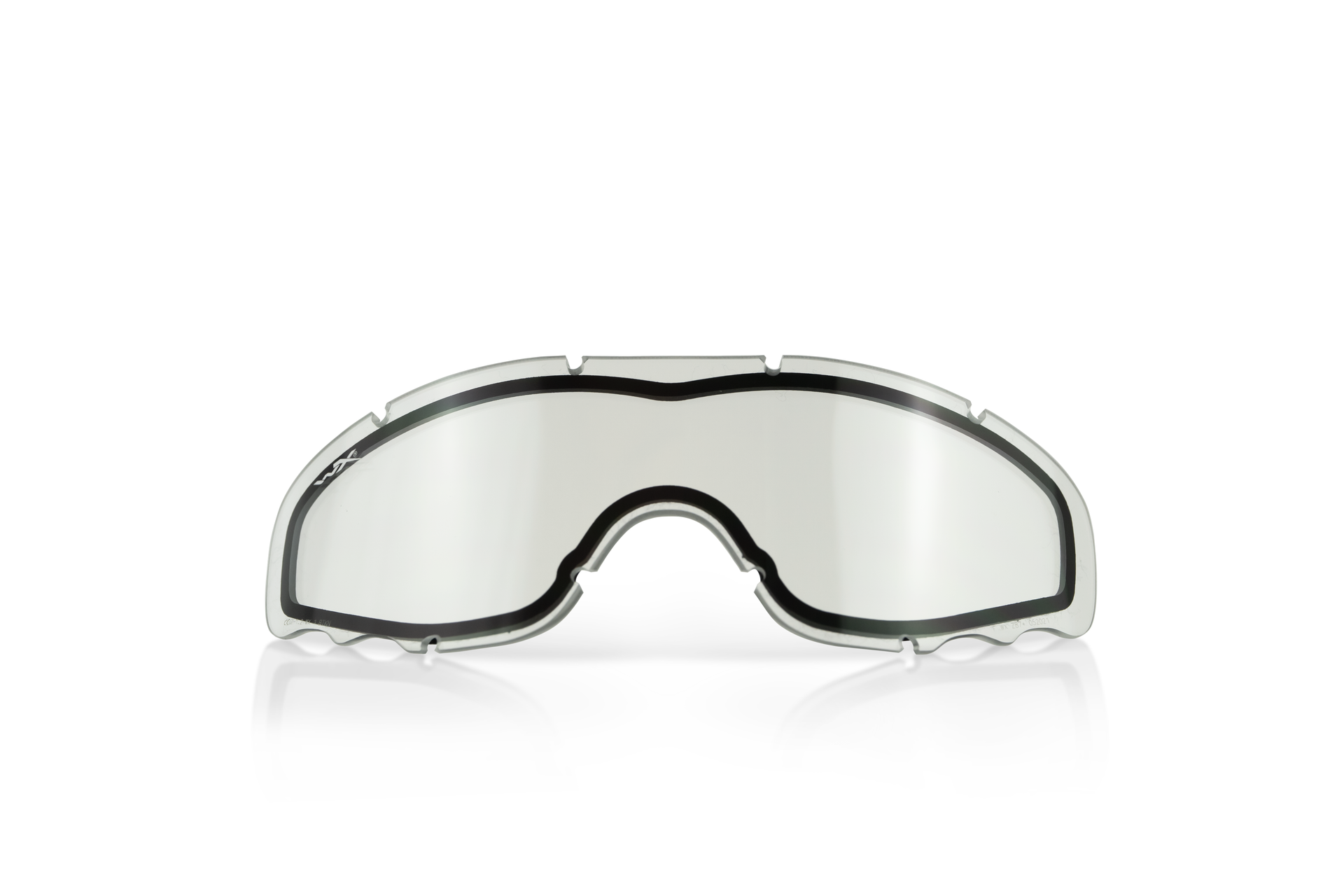 Transparente Schutzbrille oder Visier mit schwarzem Rand, isoliert auf weißem Hintergrund.