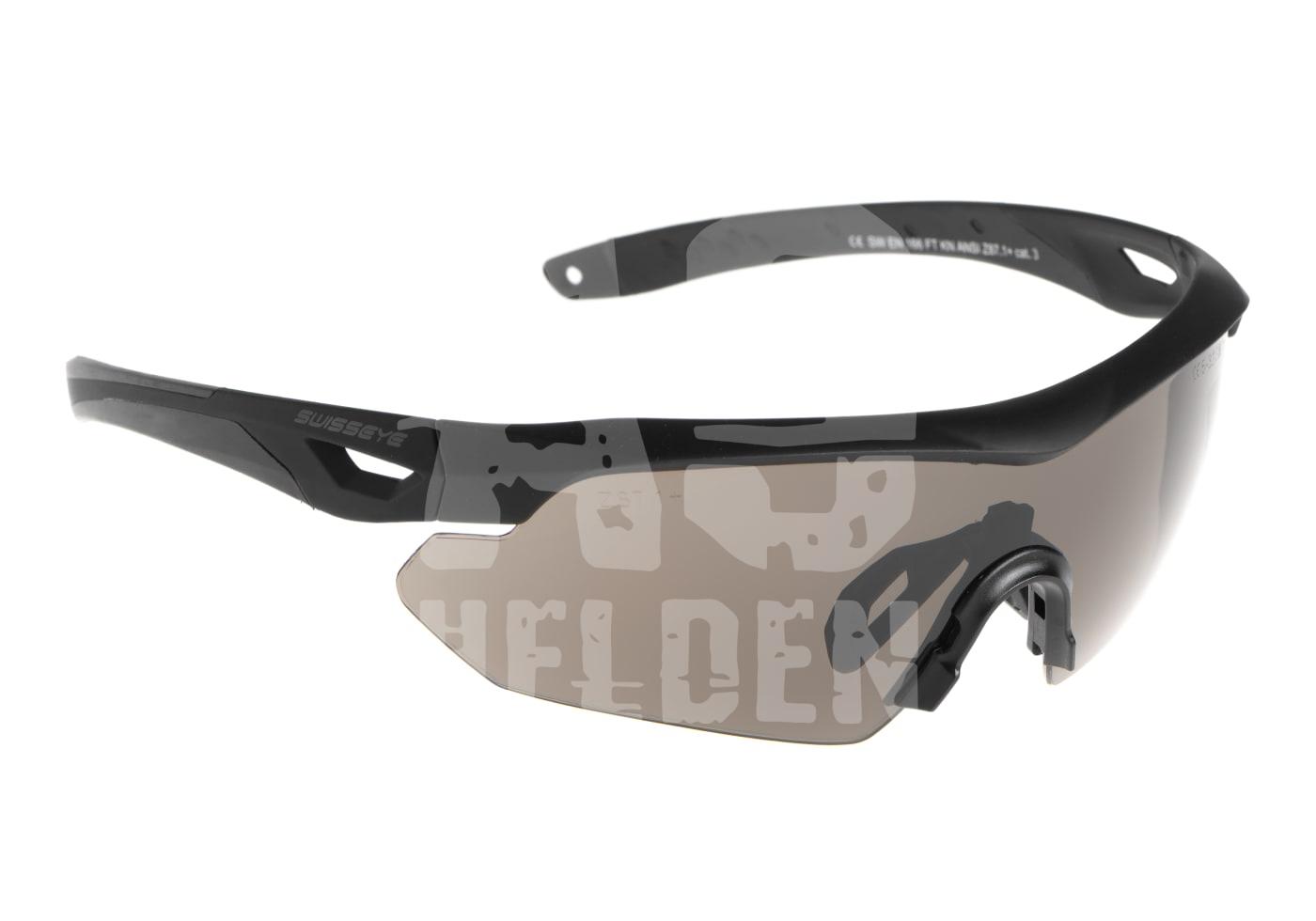 Schutzbrille mit rauchfarbenem Glas und schwarzem Rahmen, ideal für Airsoft-Spiele.