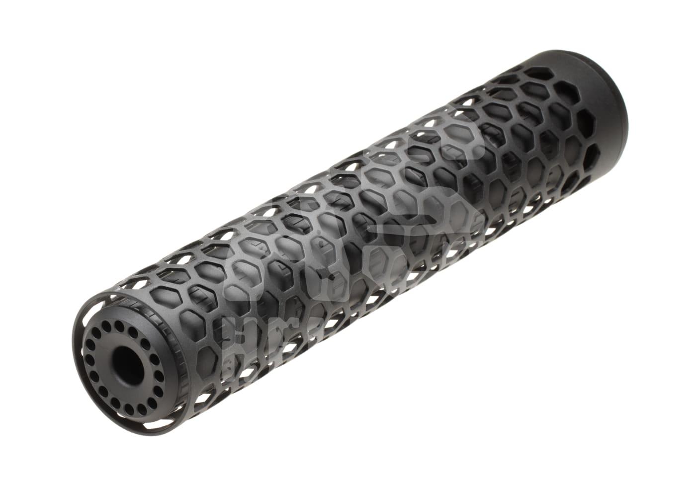 Hexagonale Airsoft-Schalldämpferattrappe in Schwarz mit wabenartigem Design.
