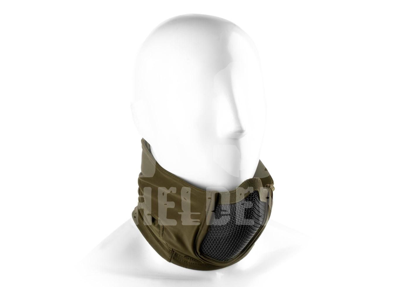 Olivegrüner Airsoft-Nackenschutz mit Mesh-Bereich auf weißem Mannequin.
