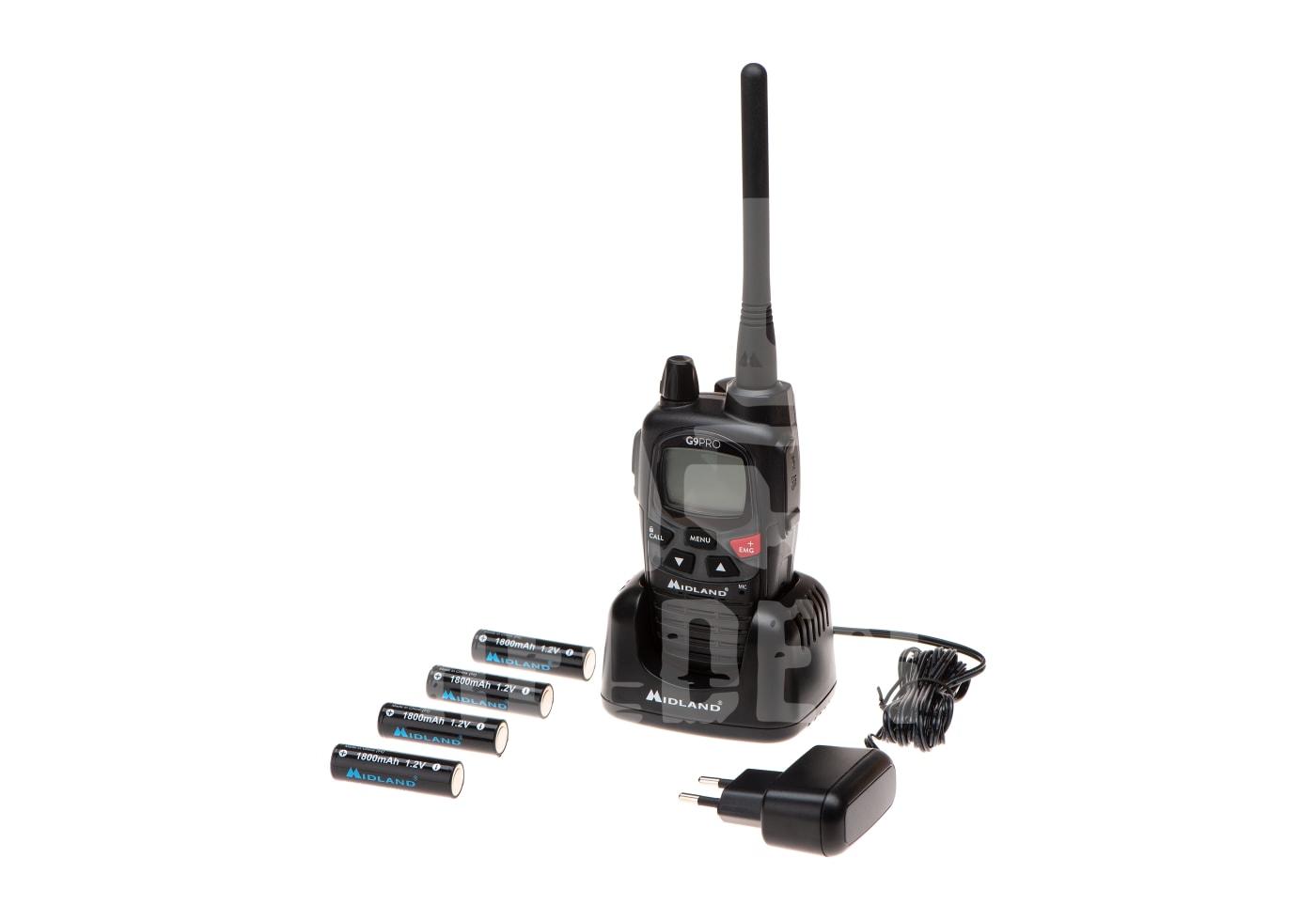 Midland G9 Pro 16 PMR + 69 LPD Kanäle Walkie-Talkie mit Ladestation, Netzteil und 4 Batterien, ideal für Airsoft-Kommunikation.