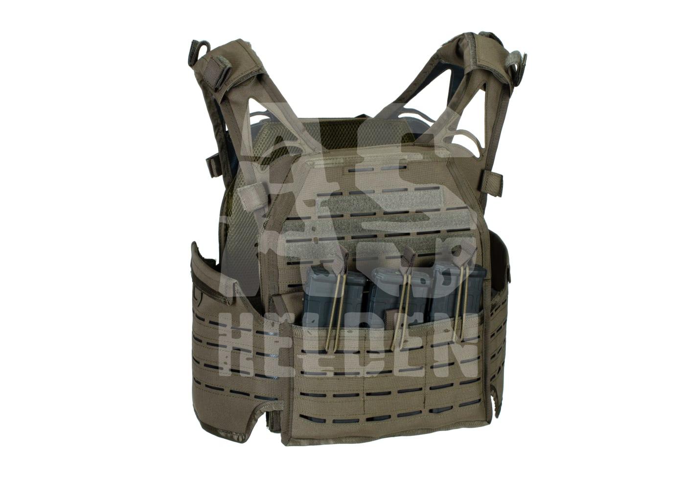 Taktische Weste in Olivgrün mit Magazintaschen und MOLLE-System, ideal für Airsoft-Ausrüstung.