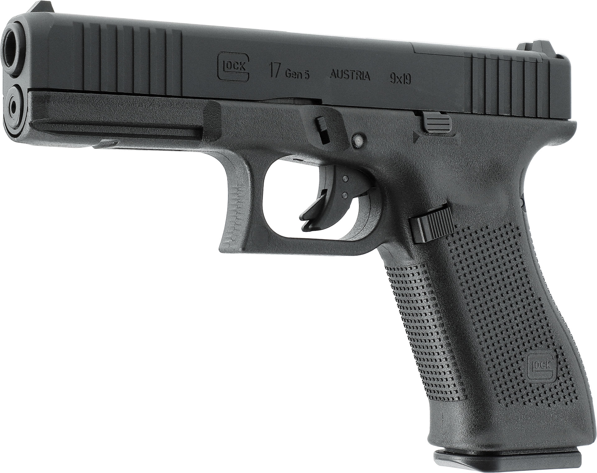 Schwarze Airsoft-Pistole, Modell Glock 17 Gen 5, seitliche Ansicht.