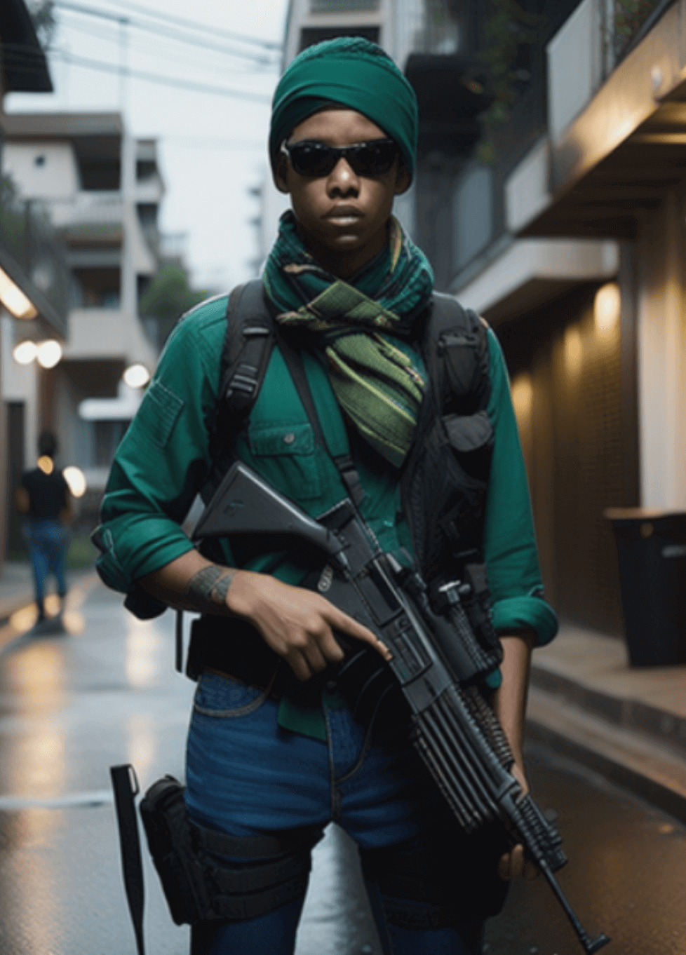 Person mit Airsoft-Ausrüstung in urbanem Umfeld, hält ein Gewehr.