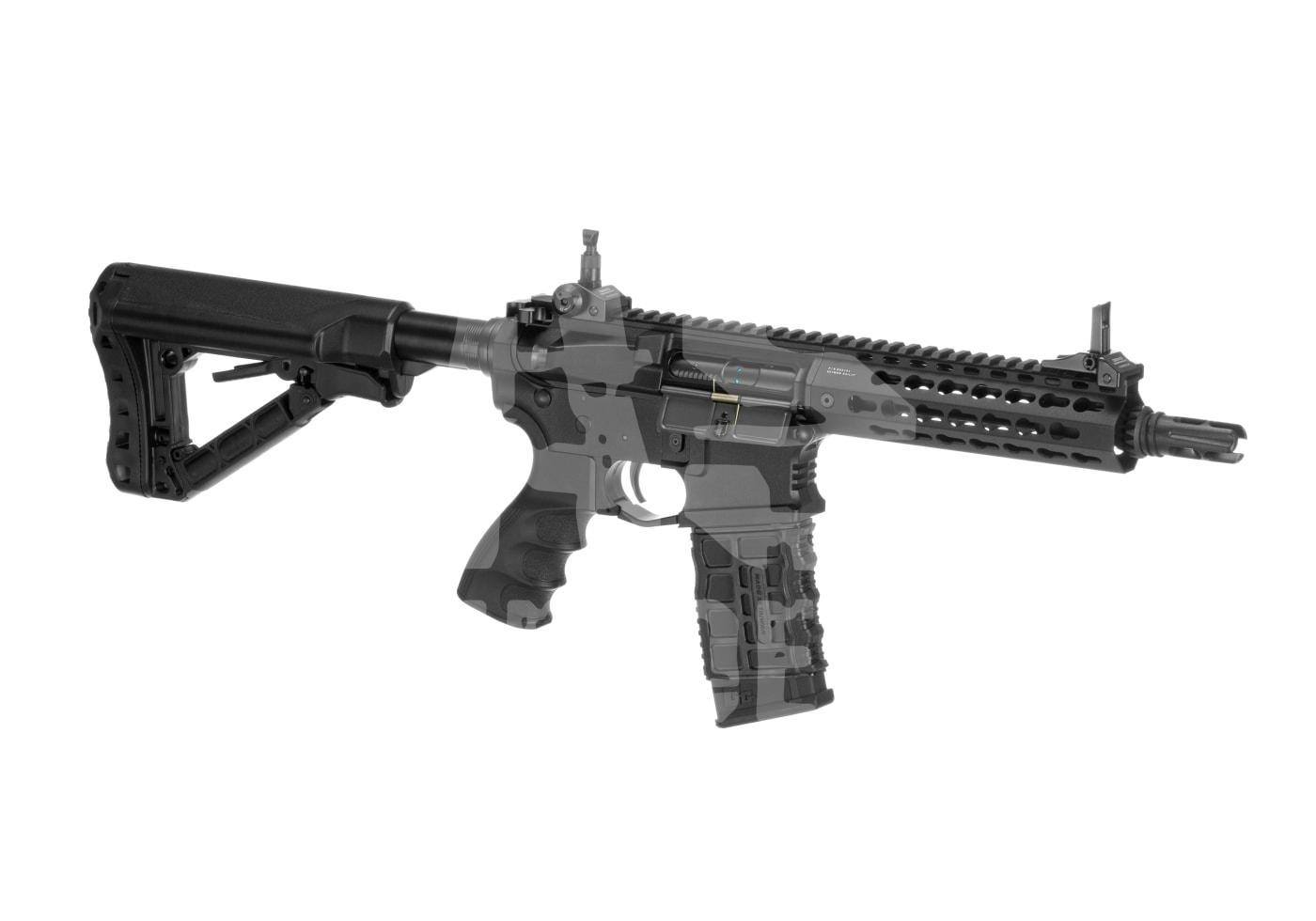 G&G CM16 E.T.U. SRS 0.5J - ab 16 Jahren Taktisches Airsoft-Gewehr mit verstellbarem Schaft und strukturiertem Griff, seitliche Ansicht.